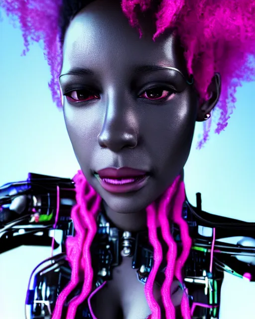 Image similar to portrait of a beautiful black woman with pink hair as a cyberpunk cyborg half robot, revealing wires and electronics, hooked - up, sci - fi, missing panels, intricate abstract upper body intricate artwork, concept art, octane render, deviantart, cinematic, key art, hyperrealism, iridescent accents, portrait photograph, nikon 3 5 mm, photograph by greg rutkowski