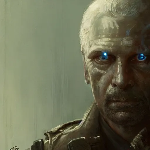 Image similar to armitage, colonel willis corto, aged shaggy ex military soldier, cyberpunk, painted by seb mckinnon, high detail, dramatic light, digital art, painted by greg rutkowski, promotional movie posterart, trending on artstation