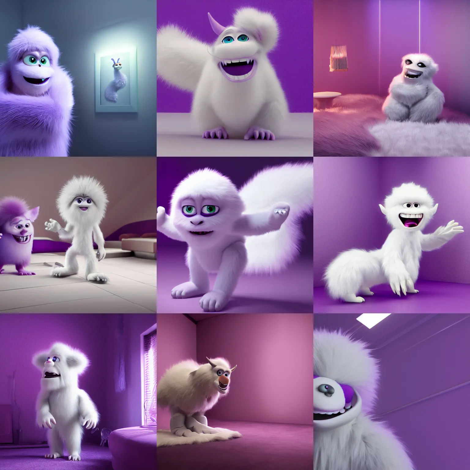 Prompt: A white fur monster in a purple room, cgi, octane render, pixar character, studio lighting