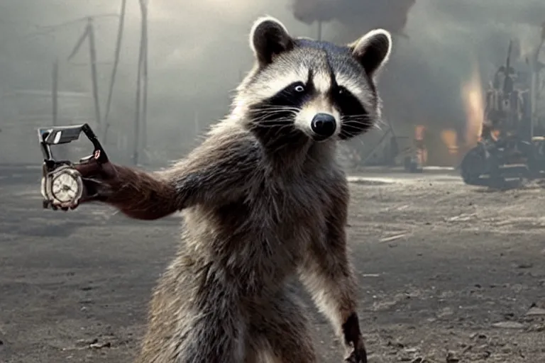 Prompt: mcu rocket racoon in a still of the movie district 9 ( 2 0 0 9 )