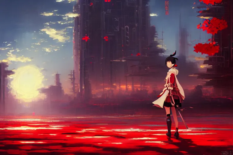 Image similar to baroque oil painting of anime key visual concept art of a samurai girl, red futuristic concrete cityscapes, falling petals, background moonlight, trending on artstation, palette knife and brush strokes, oil on canvas, style of makoto shinkai greg rutkowski studio ghibli