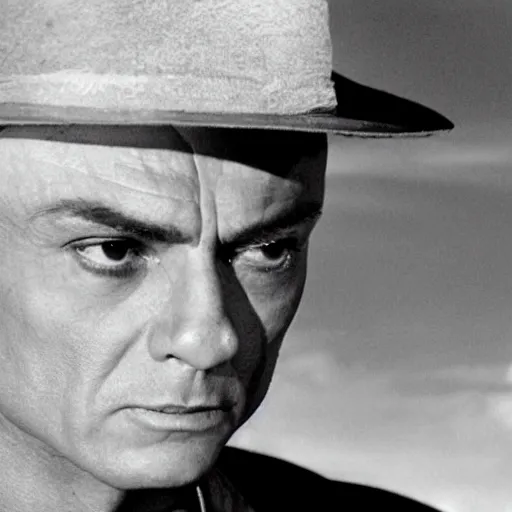 Image similar to a cinematic still of a disembodied head of Yul Brynner judging and scowling at the village that lives on the land below him
