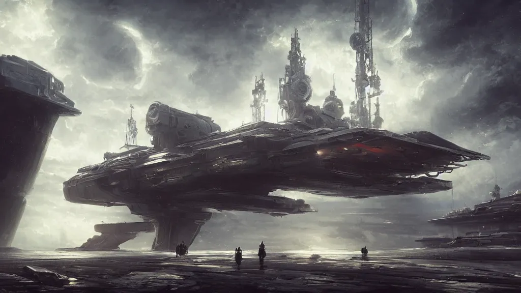 Prompt: worn spaceship docked at the glorious empire's largest orbital station. andreas achenbach, artgerm, mikko lagerstedt, zack snyder