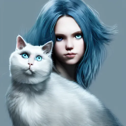 Prompt: a cute caucasian girl with blue hair holding a grey and white cat, full body portrait by Cedric Peyravernay, highly detailed, excellent composition, cinematic concept art, dramatic lighting, trending on ArtStation