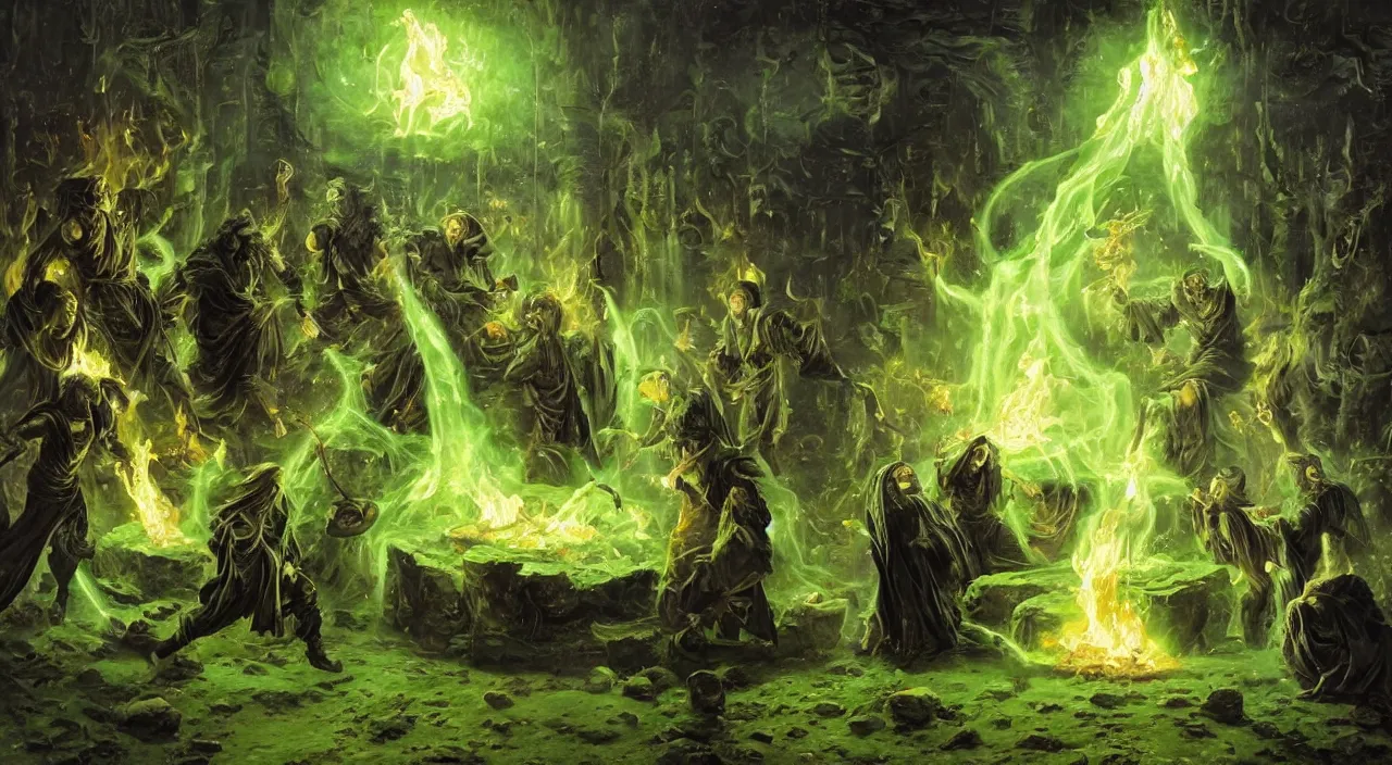 Image similar to A highly detailed oil painting by Greg Rutkowski of a group of sorcerers wearing black robes making a potion in a huge bubbling cauldron glowing bright green, with lots of fire coming from it, highly detailed fantasy concept artwork, very realistic, green and black color scheme, graffiti.