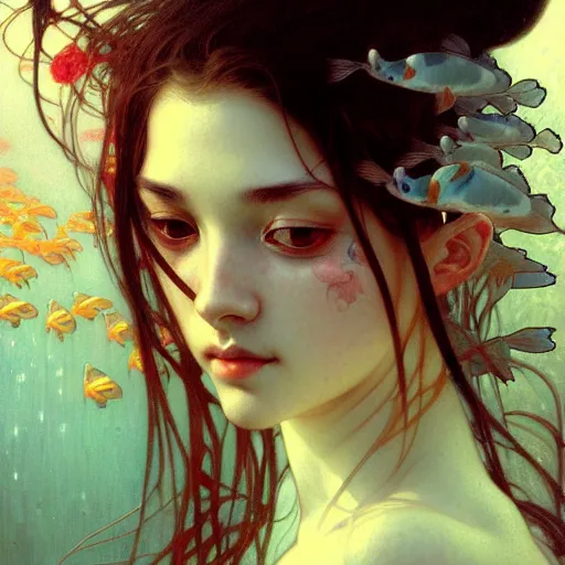 Image similar to Portrait of a girl surrounded by Koi fish, face, fantasy, intricate, elegant, highly detailed, digital painting, artstation, concept art, smooth, sharp focus, illustration, art by Heady Tale and Artem Demura and alphonse mucha