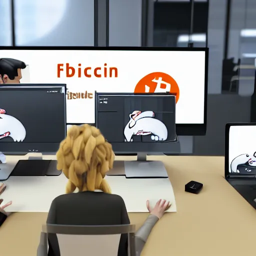 Prompt: fifty monkeys are staring a individual computer screens in a crowded cubicle - style office, the computer screens have bitcoin logos, hyperrealism, unreal engine 5, 4 k, harsh contrast lighting