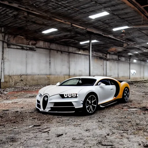 Image similar to an abandoned, derelict, rusty bugatti chiron in a dirty warehouse