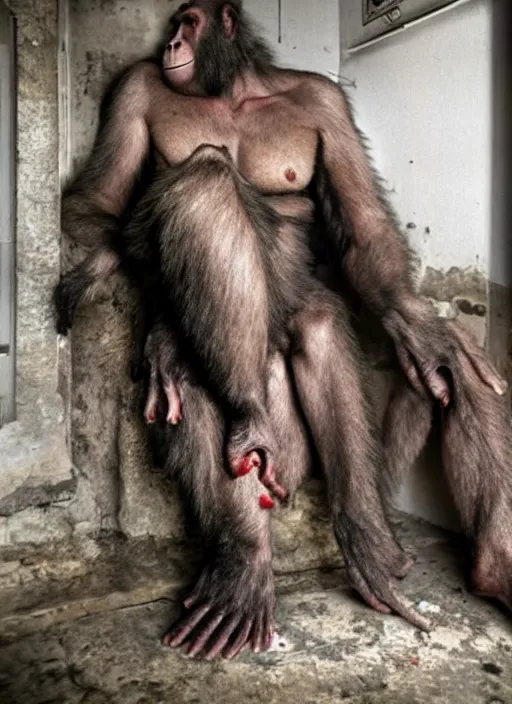 Image similar to scary hybrid human - ape, half human half ape inside fuse box in post communist apartment building