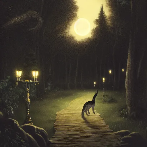 Image similar to matte painting of a tabby cat walking on a path in a dark moonlit Maine forest, serene, highly detailed, by caravaggio and alan lee, trending on artstation, 4k