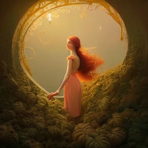 Prompt: lullaby of hope happiness of beautiful young woman, moody : : wes anderson, roger dean, sophie anderson, esao andrews : : ornate, dynamic, particulate, intricate, elegant, highly detailed, centered, artstation, smooth, sharp focus, octane render, 3 d