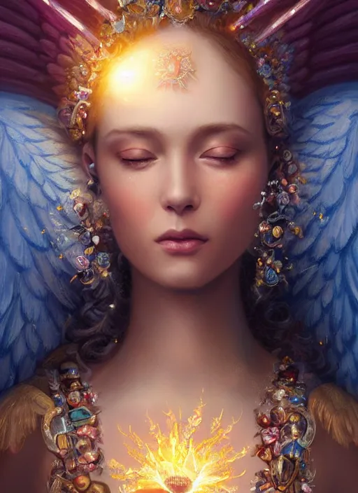 Image similar to A beautiful digital painting of a female angel full of jewels, princess, the sun behind her, intricate, cinematic lighting, highly detailed, digital painting, Artstation, concept art, smooth, sharp focus, illustration, art by Tom Bagshaw, Artgerm and Greg Rutkowski