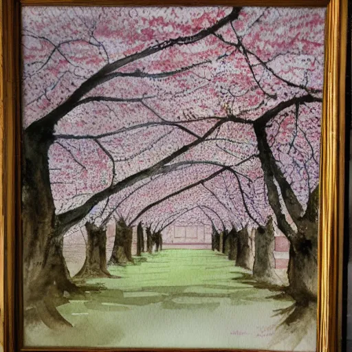 Prompt: a palace chamber filled with cherry blossom trees, watercolour