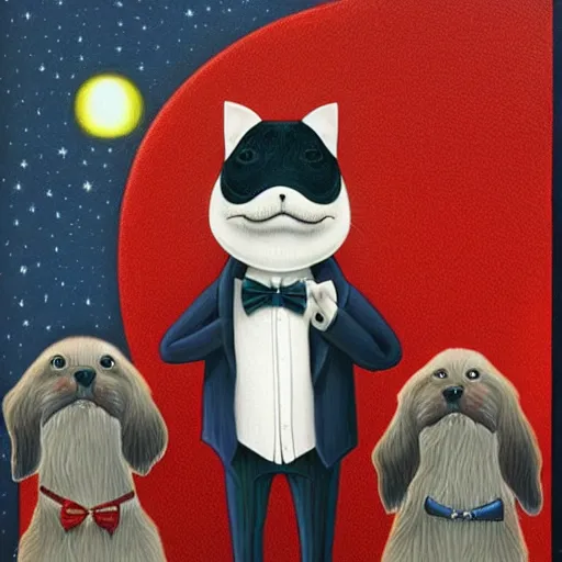 Image similar to portrait illustration of funny dog in the white tuxedo and red tie by jeremiah ketner, quint buchholz, wlop, dan mumford