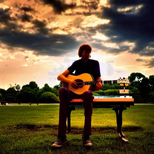 Prompt: 1 9 9 0 s candid 3 5 mm photo of a man sitting on a bench in a park playing guitar, cinematic lighting, cinematic look, golden hour, the clouds are epic and colorful with cinematic rays of light, photographed by petra collins, hyper realistic