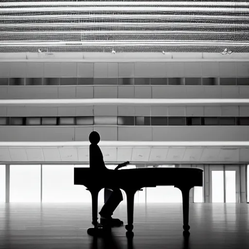 Image similar to a plain slender humanoid robot playing a piano in a large empty concert hall. Distance shot, spotlight, dramatic lighting, award winning photo, serious mood, trending