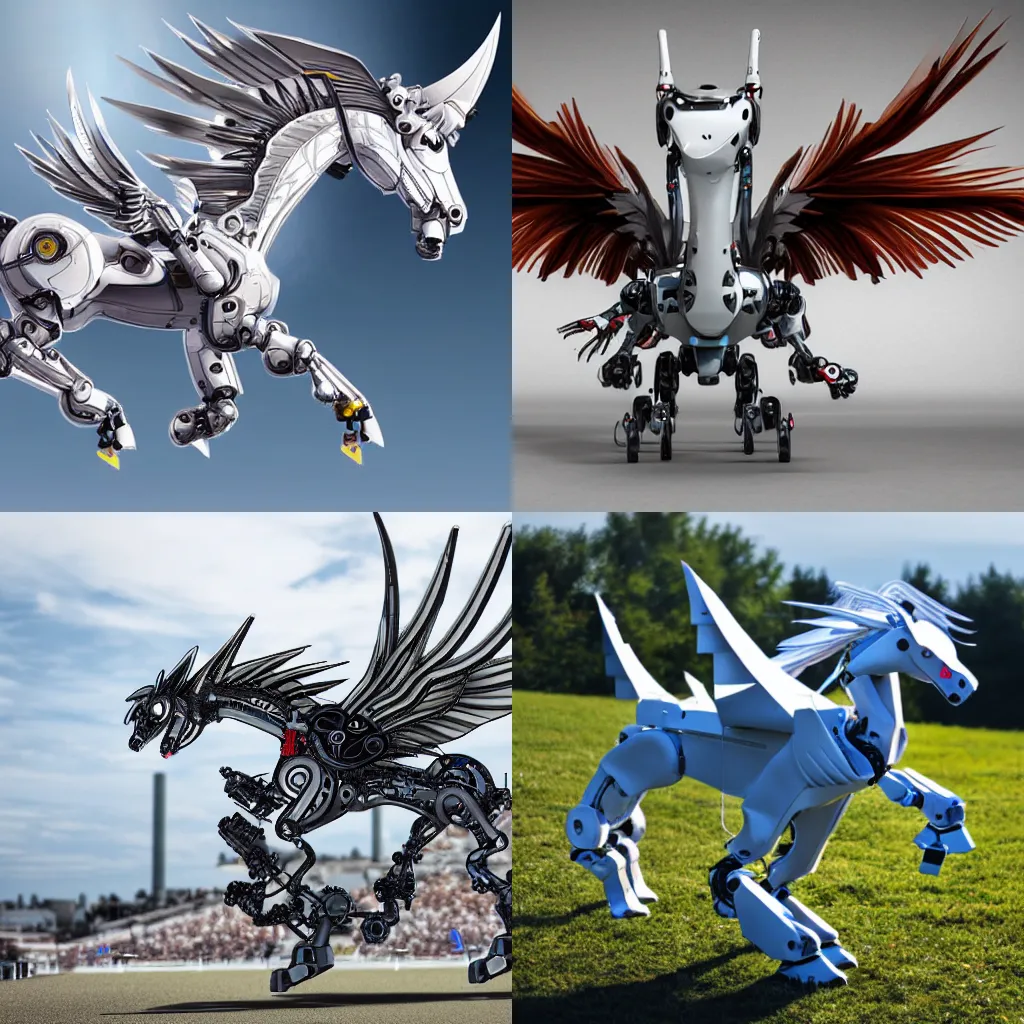 Prompt: A robotic pegasus running towards you with spread wings, low angle