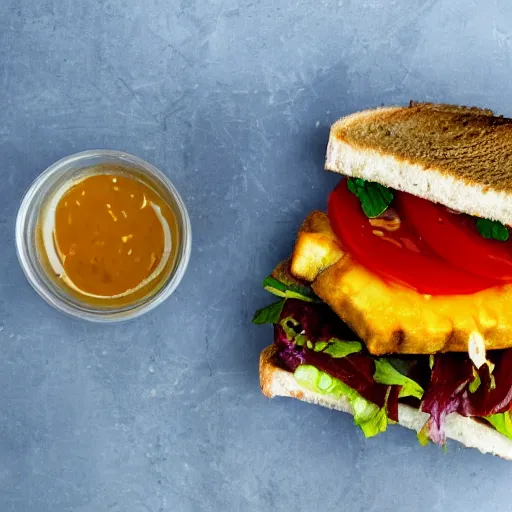 Image similar to sandwich with fried tofu, also tomato, onion, avocado and cheddar, over a dish and over a table, sunset background with saturn and stars in the sky, amazing light