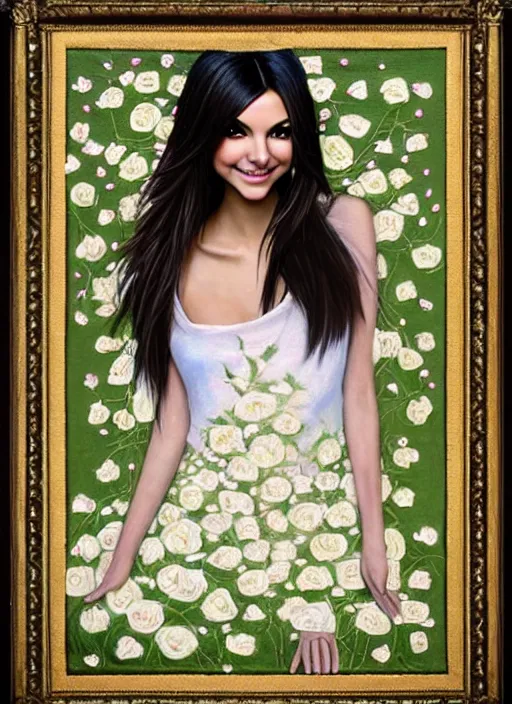 Prompt: a sewn thin thread image of Victoria Justice as the goddess of white roses on velvet. ultra detailed painting at 16K resolution and amazingly epic visuals. epically beautiful image. amazing effect, image looks gorgeously crisp as far as it's visual fidelity goes, absolutely outstanding. vivid clarity. ultra. iridescent. mind-breaking. mega-beautiful pencil shadowing. beautiful face. Ultra High Definition. godly shading. amazingly crisp sharpness. photorealistic film cel processed twice..