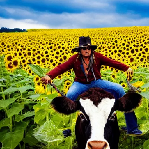 Prompt: Johnny Depp riding a cow in a sunflower field at dawn