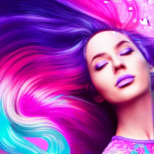 Image similar to a award winning half body portrait of a beautiful woman in a croptop with a ombre purple pink teal hairstyle with head in motion and hair flying, water bubbles, outrun, vaporware, vivid colors, highly detailed, fine detail, intricate