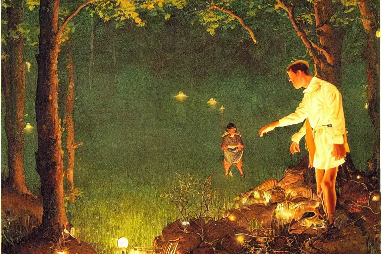 Prompt: a scenic view of a ethereal man in the middle of a magical forest with glow-worm lights near a lake, detailed, cinematic, dramatic scene, retro illustration by Norman Rockwell.