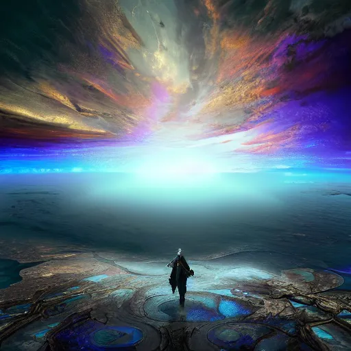 Image similar to a collision of dimensions at the horizon, celestial asthetics, colorful, dramatic lighting, de - noise, ultra realism, dark fantasy mixed with steampunk, 8 k