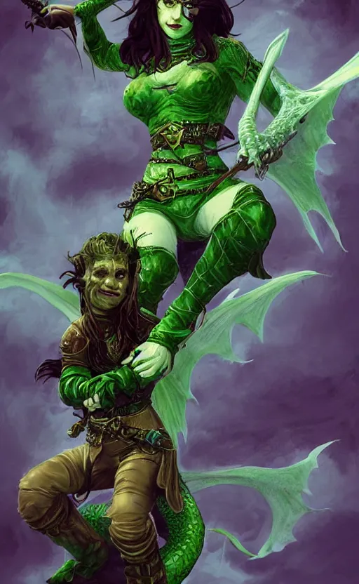 Image similar to epic fantasy dungeons and dragons scene, female halfling rogue, riding on top of a green dragon, green dragon, waterdeep, black hair, rogue, fantasy, red leather corset, cinematic, beautiful lighting, heroic, digital art