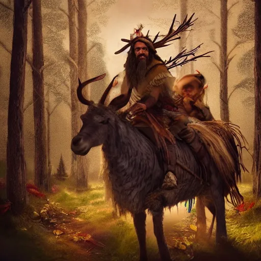 Prompt: hippie tribal hobo wearing twigs and leaves smiling sheepishly, riding tiny scuffy donkey with novelty oversized antlers, autumn forest, highly detailed, dramatic lighting, night time, cinematic, hyperrealistic, detailed, movie still from game of thrones