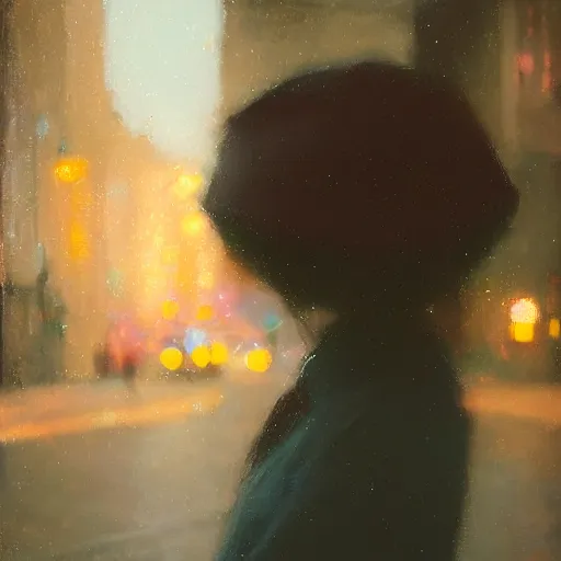 Prompt: detailed portrait of a woman in the city street at night, bokeh, long exposure, painting by jeremy lipking
