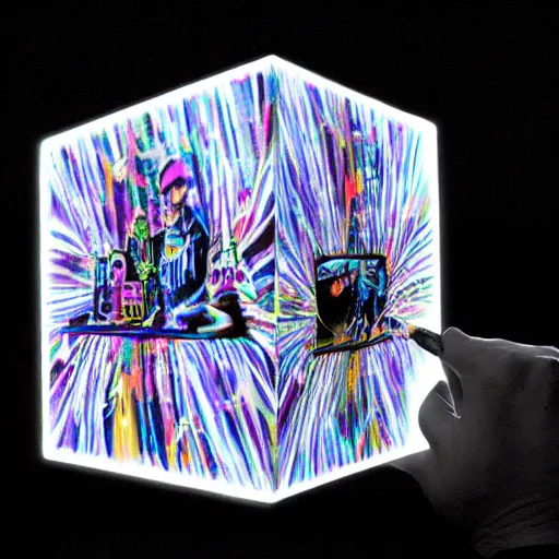 Prompt: banksy graffiti on magical black light prism cube, 1 9 9 9 aesthetic