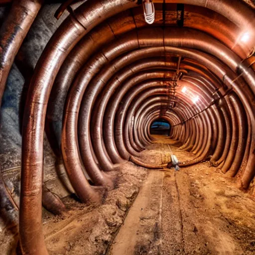 Image similar to underground copper mine, rusty pipes, high ceiling