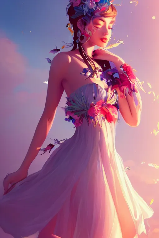 Image similar to a beautiful fashion goddness of love, chic strapless dress, tropical sea background, character design, in the style of artgerm, and wlop, cinematic lighting, hyperdetailed, 8 k realistic, symmetrical, global illumination, radiant light, frostbite 3 engine, cryengine, dof, trending on artstation, digital art