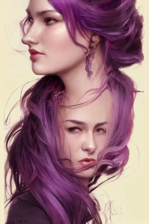 Image similar to Purple hair, creative colouring Portrait of woman face profile, fashion, colored strands of hair, intricate, elegant, highly detailed, digital painting, artstation, concept art, smooth, sharp focus, illustration, art by artgerm and greg rutkowski and alphonse mucha