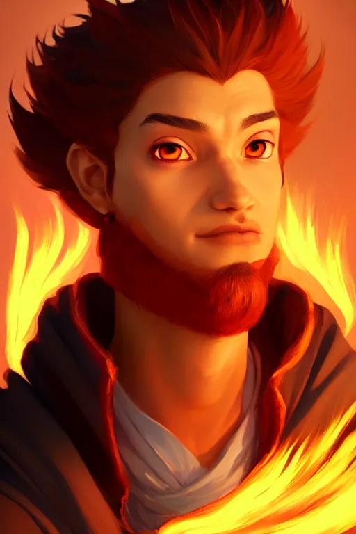 Prompt: a game art portrait of a handsome young male wizard of the fire element by Cory Loftis, hyperrealism, very detailed, Vray, Rembrandt lighting, artstation, Deviantart, fantasy art, rpg portrait