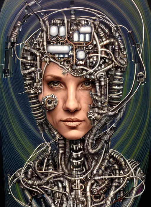 Image similar to biopunk cyborg portrait by julie bell, intricate biopunk patterns, vacuum tubes, detailed!, very sharp!!!