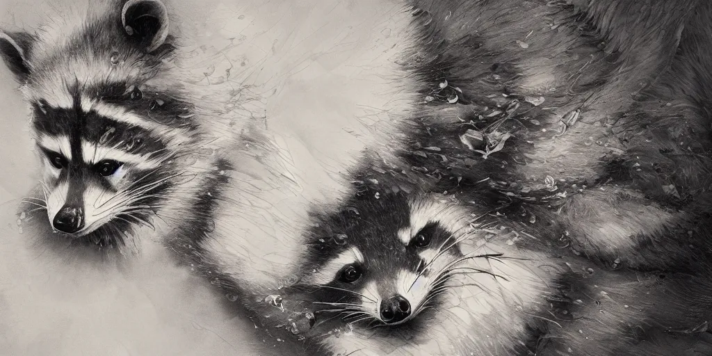 Image similar to highly detailed beautiful photography of raccoon, splash, sharp focus, dramatic, dynamic lighting, elegant, harmony, beauty, masterpiece, by riccardo federici, by james jean, by craig mullins, by durero, by lois van baarle, by makoto shinkai, by greg tocchini, by greg rutkowski, illustration, ink draw, pen, spatula