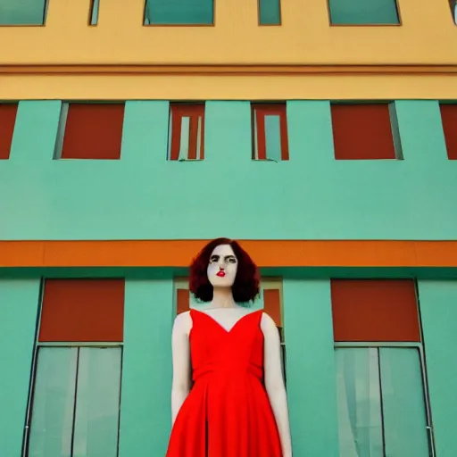 Image similar to giant flower head, frontal, girl standing in mid century hotel, surreal, symmetry, bright colors, cinematic, wes anderson