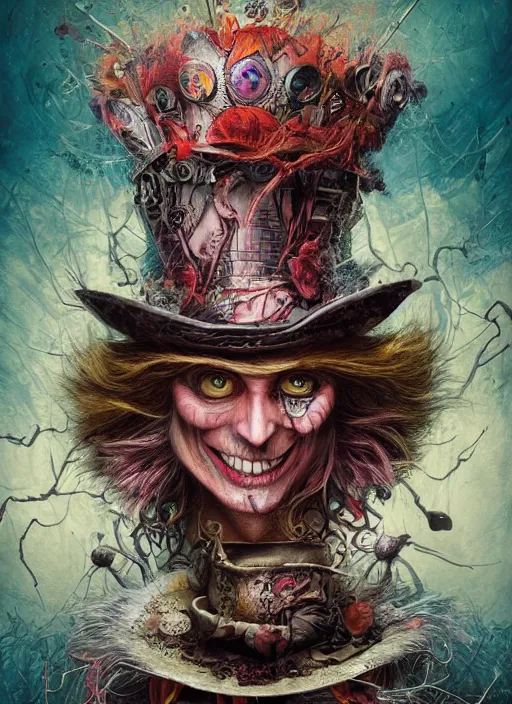 Image similar to mad hatter, aztec god, highly detailed, cinematic, 8 k, by megan duncanson, benjamin lacombe, adrian borda, stanley artgermm, tom bagshaw, craig mullins, carne griffiths, ayami kojima, beksinski, giger, trending on deviantart, hyper detailed, horror, full of colour