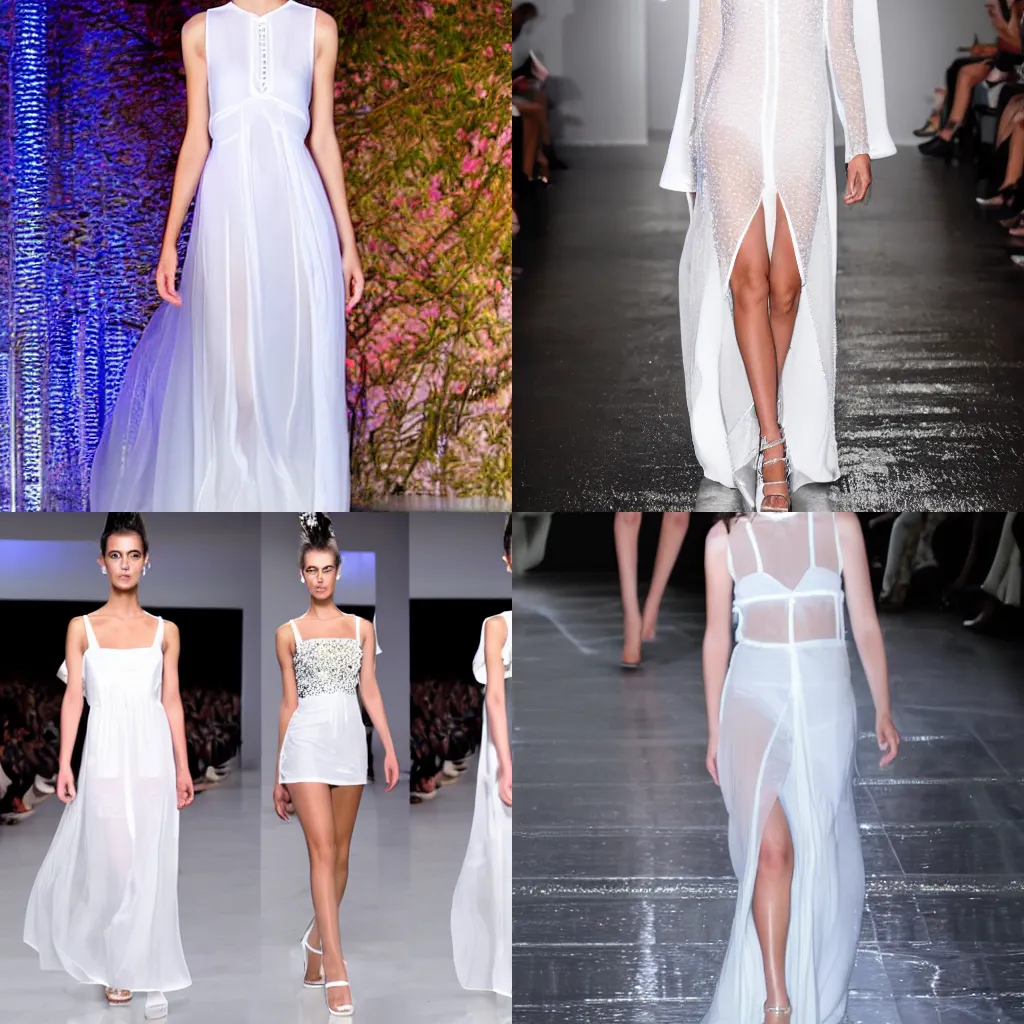 Prompt: photo of translucent white long dress on fashion show