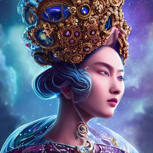 Image similar to a beautiful empress portrait, with a brilliant, impossible striking big cosmic galaxy headpiece, clothes entirely made out of cosmos chaos energy, symmetrical, dramatic studio lighting, rococo, baroque, jewels, asian, hyperrealism, closeup, D&D, fantasy, intricate, elegant, highly detailed, digital painting, artstation, octane render, 8k, concept art, matte, sharp focus, illustration, art by Artgerm and Greg Rutkowski and Alphonse Mucha