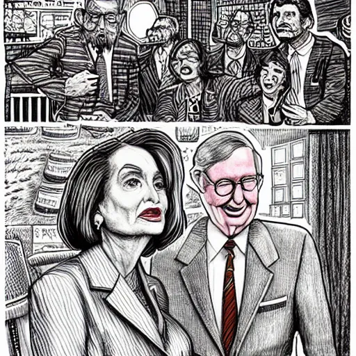 Image similar to The Artwork of R. Crumb and his Cheap Suit Mitch McConnell and Nancy Pelosi, pencil and colored marker artwork, trailer-trash lifestyle