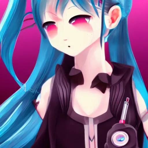 Image similar to hatsune miku smoking weed with a vape pen, smoke coming out of her mouth, bloodshot eyes, artstation, 4 k