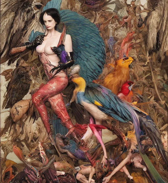 Image similar to a fashion editorial of a meditating fierce krysten ritter as a colorful harpy bird super hero with mutated scaled skin. she has many skin grafts and cyborg body modifications. by donato giancola, hans holbein, walton ford, gaston bussiere, peter mohrbacher and brian froud. 8 k, cgsociety