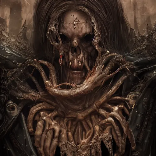 Image similar to the decaying king of the necromancers, portrait, horror art, realism, unreal engine, oil on canvas, dramatic, cinematic shot, ambient lighting, apocalyptic, ornate and elegant, intricate clothing, very detailed, 4 k ultra hd, digital art, trending on artstation