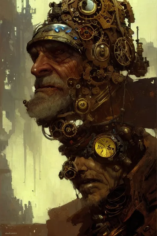 Image similar to crooked and broken old man in a steampunk mechanical suit portrait dnd, painting by gaston bussiere, craig mullins, greg rutkowski, yoji shinkawa