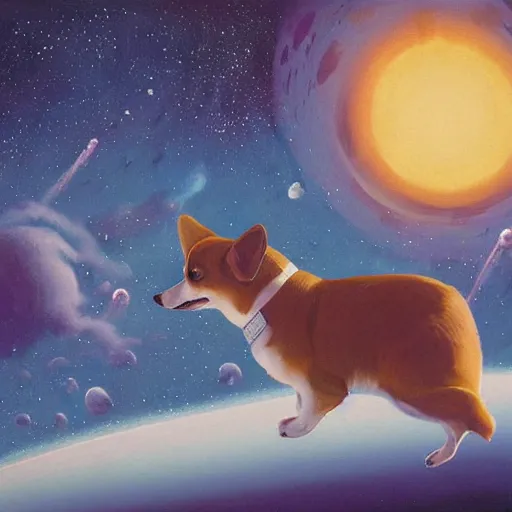 Prompt: a detailed painting of a corgi floating in outer space, beautiful, smooth, exquisite, award winning, simon stalenhag