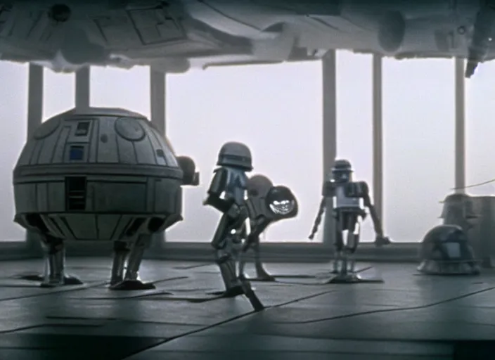 Image similar to screenshot of Imperial Probe Droids from star wars attacking Han Solo, iconic scene from 1970s film by Stanley Kubrick, moody hazy lighting, stunning cinematography, hyper-detailed, crisp, anamorphic lenses, kodak color film stock, 4k