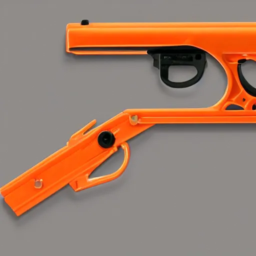 Prompt: highly detailed hand held rail gun, orange, white, black