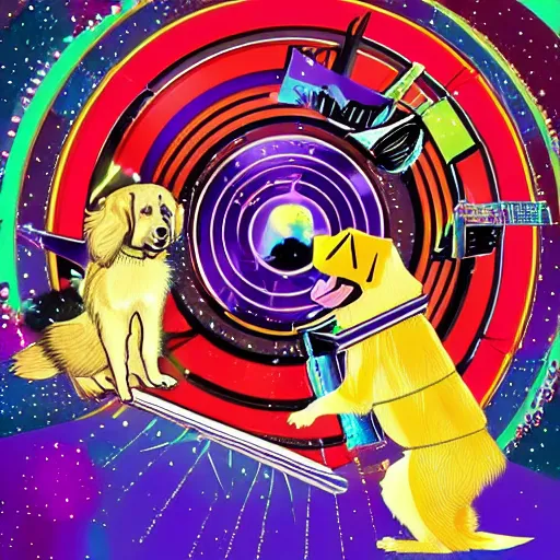 Image similar to a golden retriever and a raccoon dressed as crazy superheroes scientists on an adventure in space, 1960s psychedelic style, photorealistic